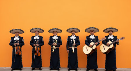 Hispanic male mariachi band in traditional attire with instruments against orange backgroundの素材