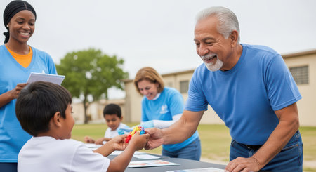 Elderly caucasian man interacting with hispanic children at outdoor community eventの素材