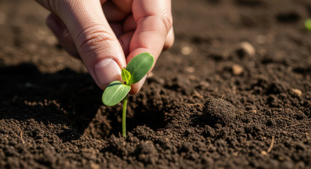 Hand planting seedling in rich soil for sustainable agricultureの素材