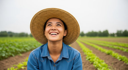 Asian young female farmer smiling in straw hat on fieldの素材