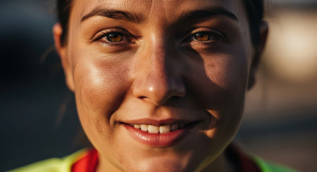 Smiling young caucasian female with sunlit face close-upの素材