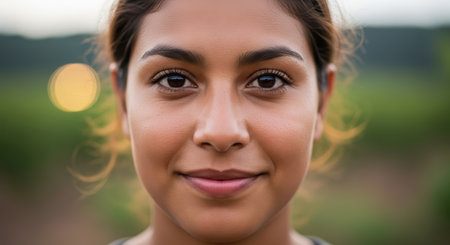 Close-up portrait of young hispanic female smiling outdoorsの素材