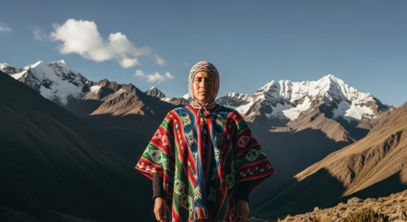Young hispanic female in traditional attire with mountainous backgroundの素材
