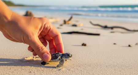 Hand gently guiding baby sea turtle on sandy beach toward ocean horizonの素材