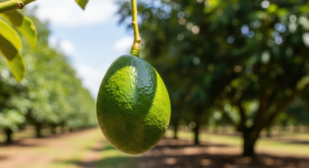 Fresh green avocado hanging on tree in sunlit orchardの素材