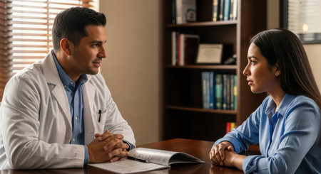 Hispanic female consulting with caucasian male doctor in office settingの素材