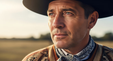 Caucasian male cowboy in hat observing landscape at sunsetの素材