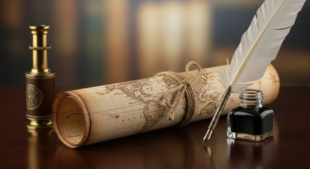 Vintage world map with quill and ink set on wooden deskの素材