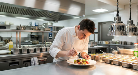 Young caucasian male chef focuses on plating a gourmet dish in a professional kitchenの素材