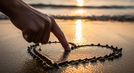 Sunset beach heart drawing: hand creates romantic sand artの素材