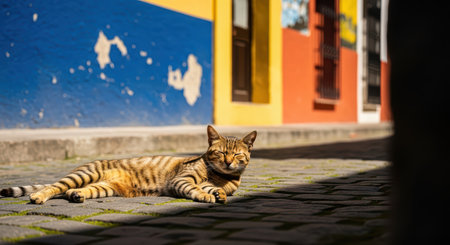 Striped cat relaxing on vibrant cobblestone street in sunny urban settingの素材