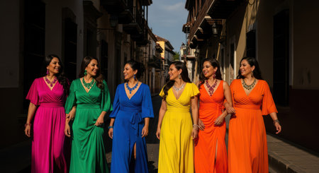 Group of hispanic women in colorful dresses walking in historic streetの素材