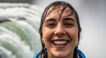 Young hispanic female smiling in front of waterfallの素材