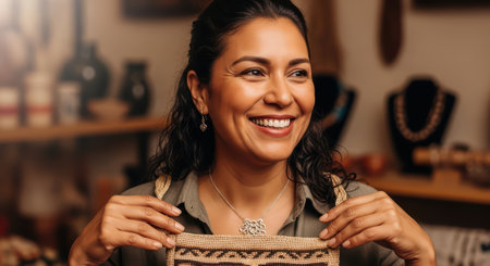 Hispanic female adult smiling while holding handcrafted necklace in artisan shopの素材