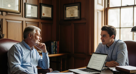 Caucasian male adults in office discussion with laptops and certificatesの素材