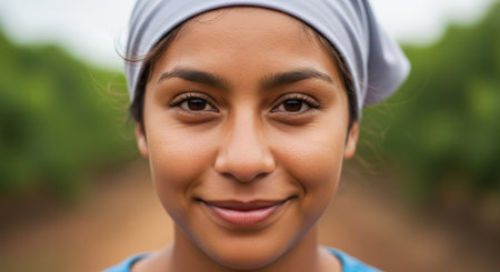 Smiling hispanic young female in headscarf at vineyardの素材