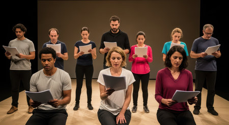 Diverse group of adults rehearsing script on stageの素材