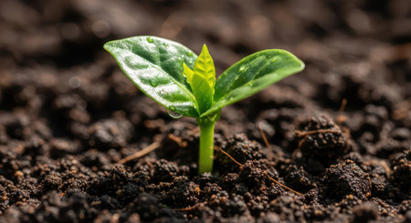 Young green seedling emerging in rich brown soil with sunlightの素材