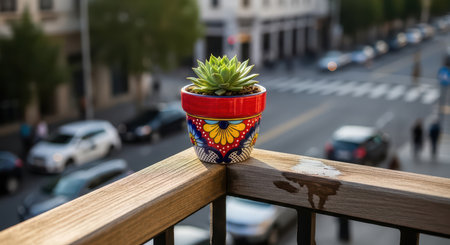 Vibrant succulent in colorful pot on urban balcony overlooking city street sceneの素材