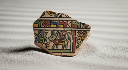 Ancient ceramic fragment with colorful geometric patterns on sand backgroundの素材