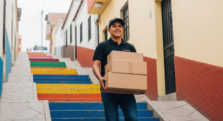 Hispanic young male delivering packages on colorful urban stairwayの素材