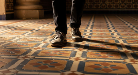 Feet in brown shoes walking on intricate patterned mosaic floor indoorsの素材