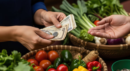 Caucasian female shopping at farmers market with fresh vegetables and cash transactionの素材