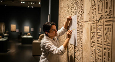 Female historian studying ancient egyptian hieroglyphs in museum exhibitの素材