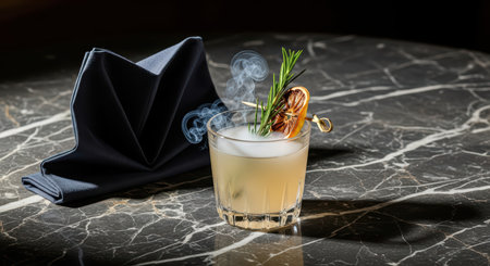 Smoky cocktail on marble table with rosemary and citrus garnishの素材