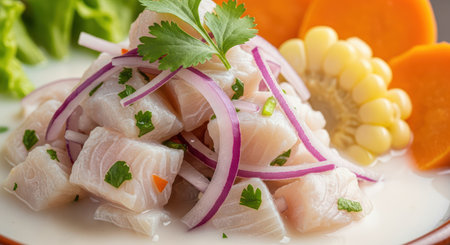 Fresh peruvian ceviche with cilantro and red onion garnishの素材