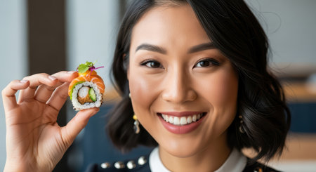 Young asian female enjoying sushi roll with salmon topping indoorsの素材