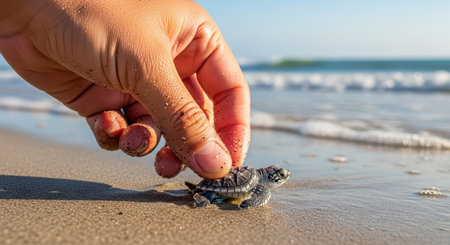 Hand gently guides baby sea turtle to ocean on sandy beachの素材