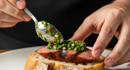 Gourmet sausage sandwich with fresh herb toppingの素材