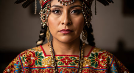 Hispanic female in traditional colorful attire with ornate headpieceの素材
