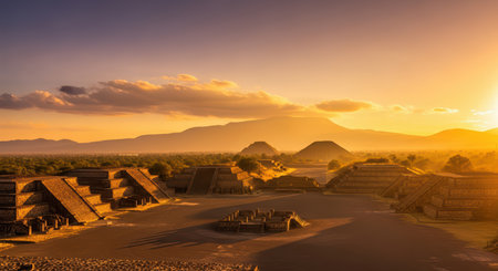 Majestic sunset over teotihuacan pyramids with golden sky and mountain backdropの素材