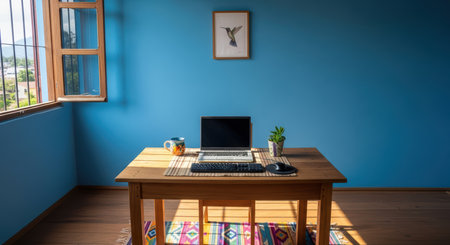 Minimalist home office setup with laptop on wooden desk in bright blue roomの素材