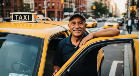 Smiling hispanic male taxi driver with yellow cab in urban street settingの素材