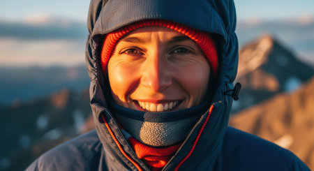 Smiling caucasian female adventurer in warm gear on a mountainous expeditionの素材