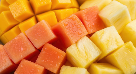 Close-up of fresh mango, papaya, and pineapple cubes with vibrant colorsの素材