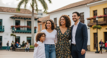 Happy hispanic family posing outdoors in vibrant town squareの素材