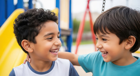 Two young boys laughing together at playground with slides and swings in backgroundの素材