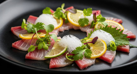 Elegant sushi platter with citrus garnish and foam on black plateの素材
