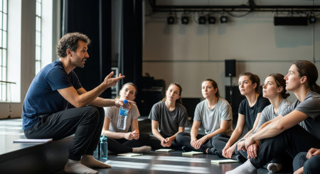 Adult caucasian male teaching a group of young caucasian females in dance studioの素材