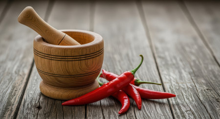 Red chili peppers with wooden mortar and pestle on rustic wooden surfaceの素材
