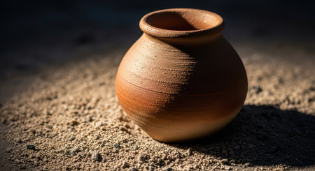 Rustic clay pot on sand-laden surface illuminated by natural lightの素材