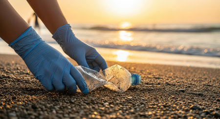 Gloved hands cleaning beach litter during sunrise with ocean waves in backgroundの素材
