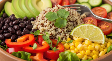 Colorful vegan salad bowl with quinoa, avocado, and fresh vegetablesの素材