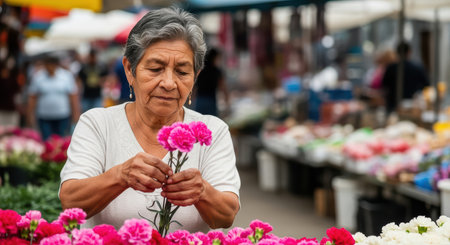 Elderly hispanic woman arranging flowers at bustling outdoor marketの素材
