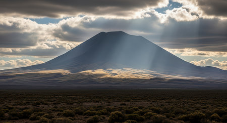 Majestic mountain landscape with sun rays and dramatic cloud coverの素材