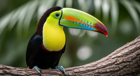 Vibrant keel-billed toucan perched on a tree branch in tropical forestの素材